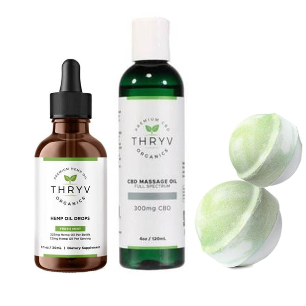 Thryv Organics Relax Bundle contains 25mg hemp oil bath bombs, 900mg Hemp Extract Drops, massage oil