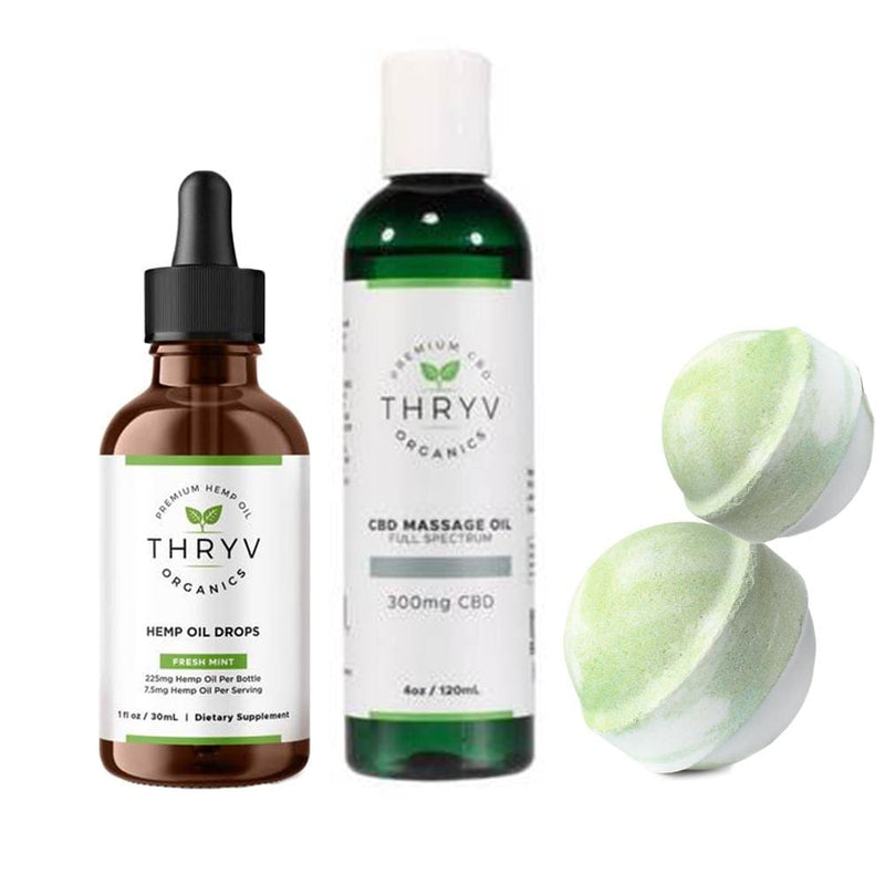 Thryv Organics Relax Bundle contains 25mg hemp oil bath bombs, 900mg Hemp Extract Drops, massage oil